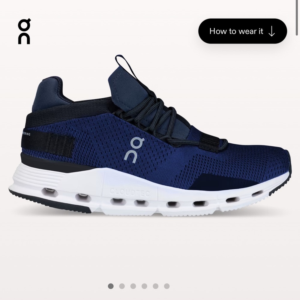 OnCloud CloudNova sneakers, size 9, very lightly worn, navy and white